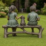 Bronze Boy Girl and Dog Garden Statue back