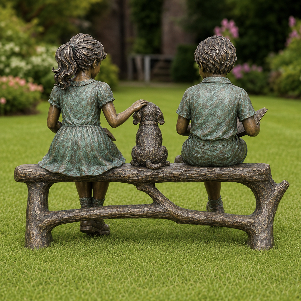 Bronze Boy Girl and Dog Garden Statue back
