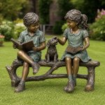 Bronze Boy Girl and Dog Garden Statue front