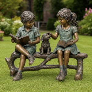 Bronze Boy Girl and Dog Garden Statue front