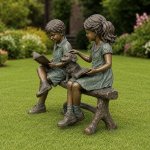 Bronze Boy Girl and Dog Garden Statue side