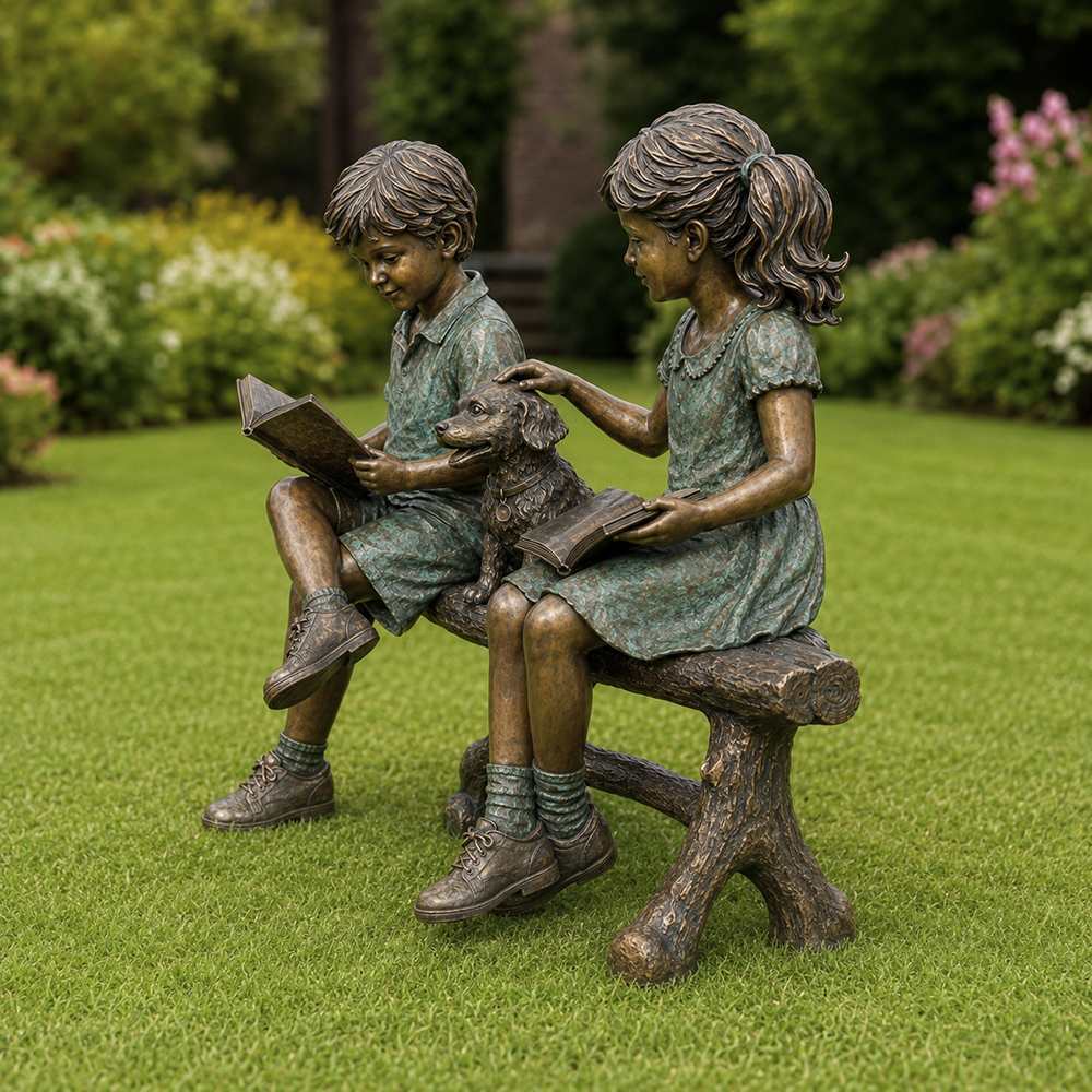 Bronze Boy Girl and Dog Garden Statue side