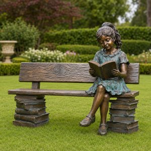 Bronze Statue Mädchen lesend auf Bank – Rückansicht