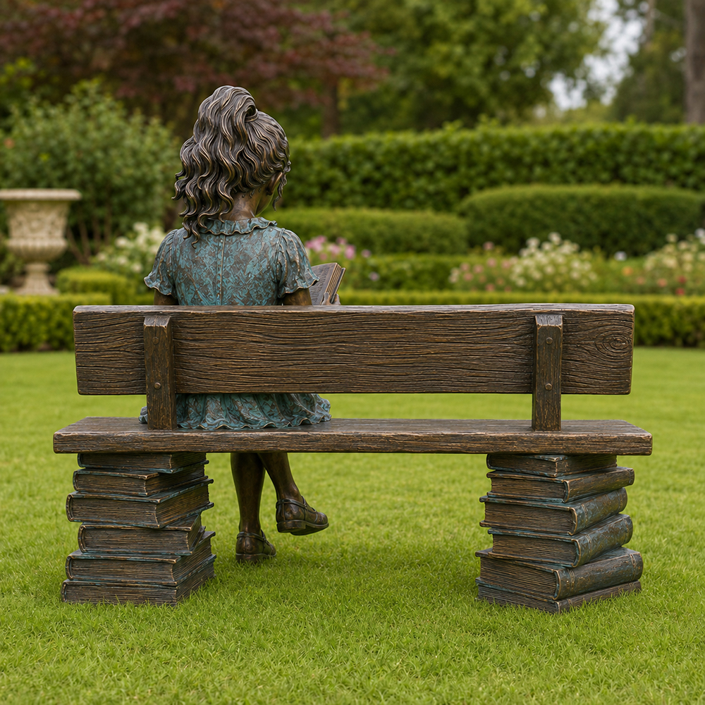 Statua di Ragazza che Legge su Panchina in Bronzo vista posteriore