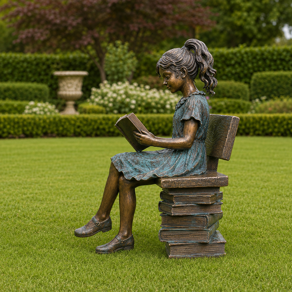 Statua di Ragazza che Legge su Panchina in Bronzo vista posteriore