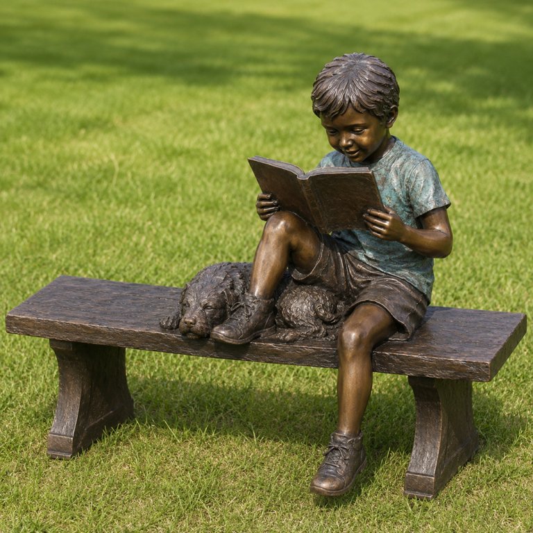 Estatua de bronce de niño leyendo con perro (2)