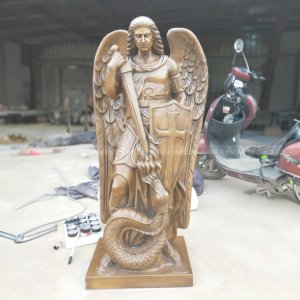 Bronze St Michael Statue standing with sword and shield