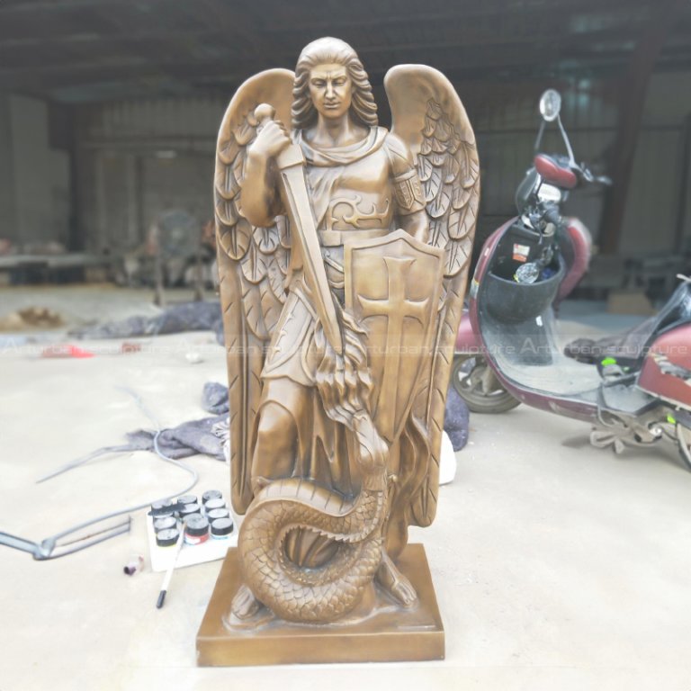 Bronze St Michael Statue standing with sword and shield