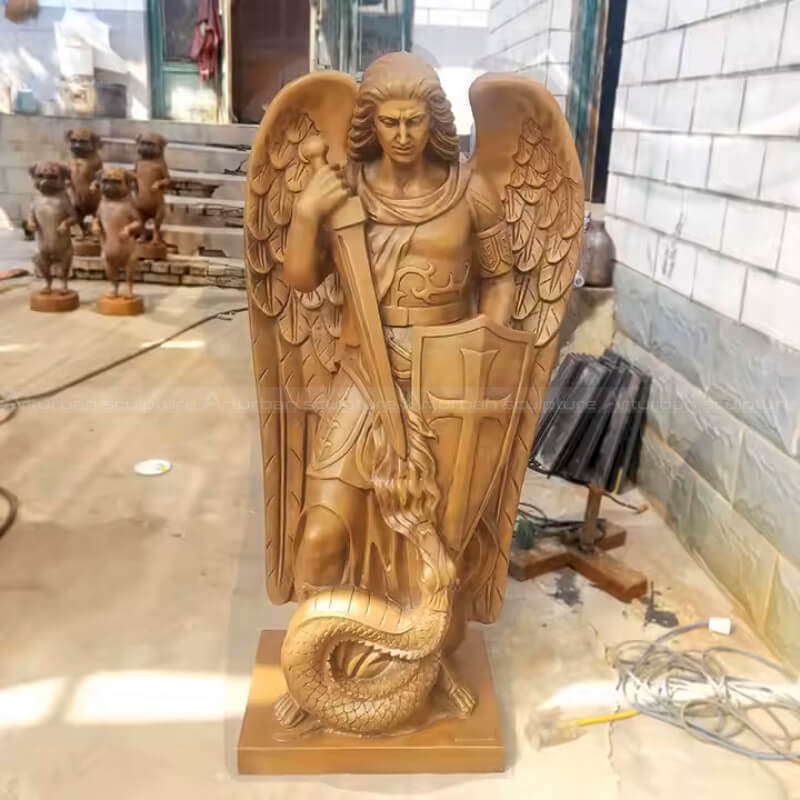 Bronze St Michael Statue with sword raised and shield