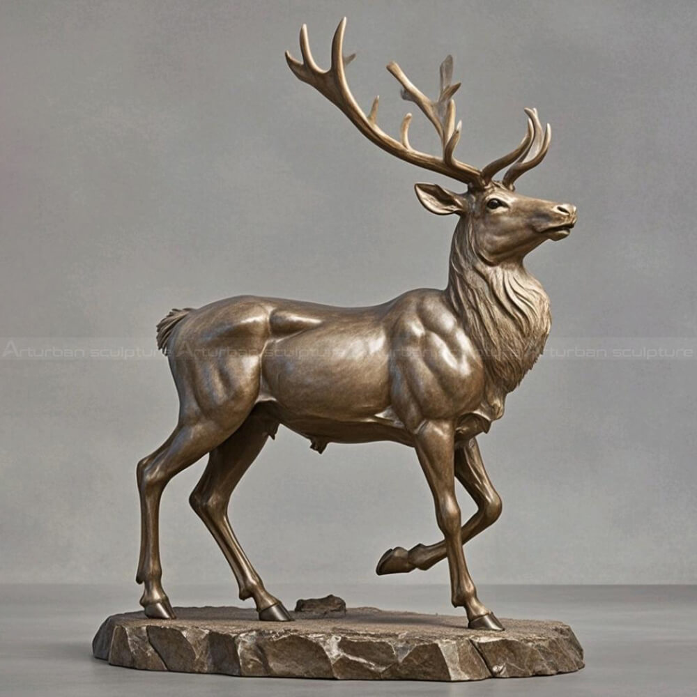 bronze elk statue standing with large antlers