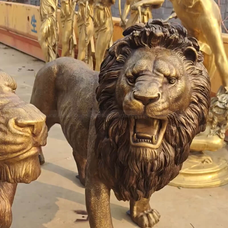 close-up of Front Porch roaring Lion Statues with detailed mane and sharp teeth