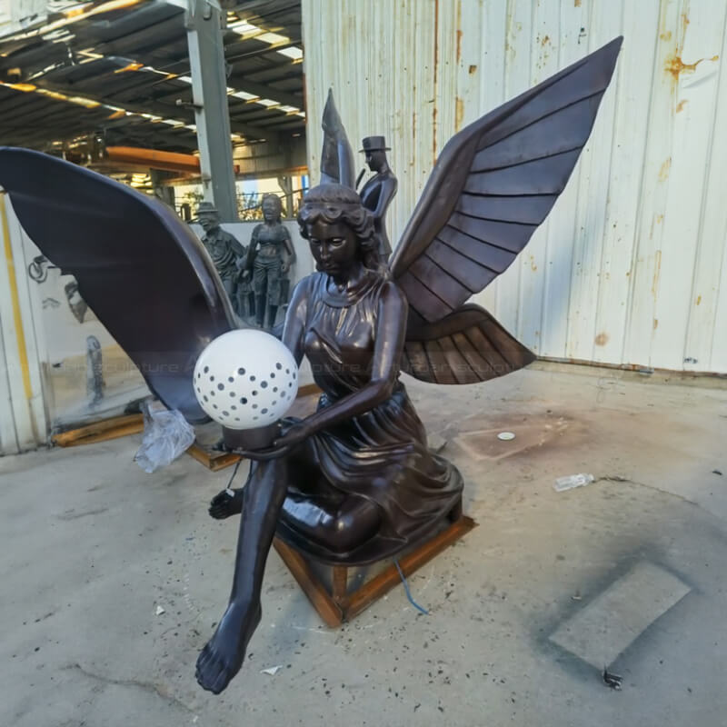 seated angel bronze Statue with Solar Light