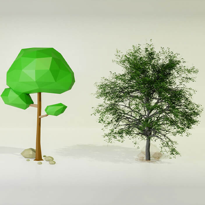 Comparison of low-poly and high-poly tree models