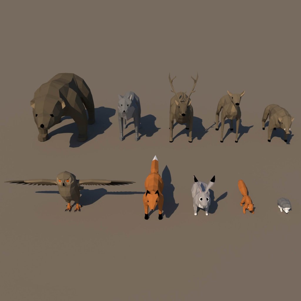 Low-poly 3D models of various wild animals