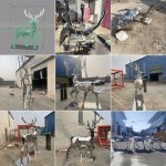 A collage showing the geometric mirror stainless steel deer metal statue