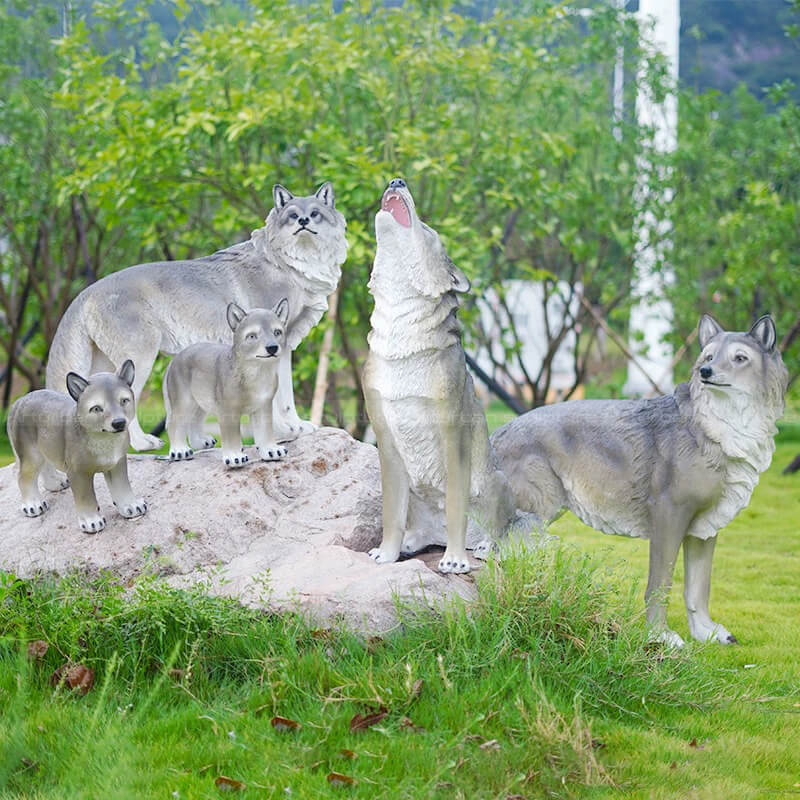 A group of realistic Grey Wolf Statues