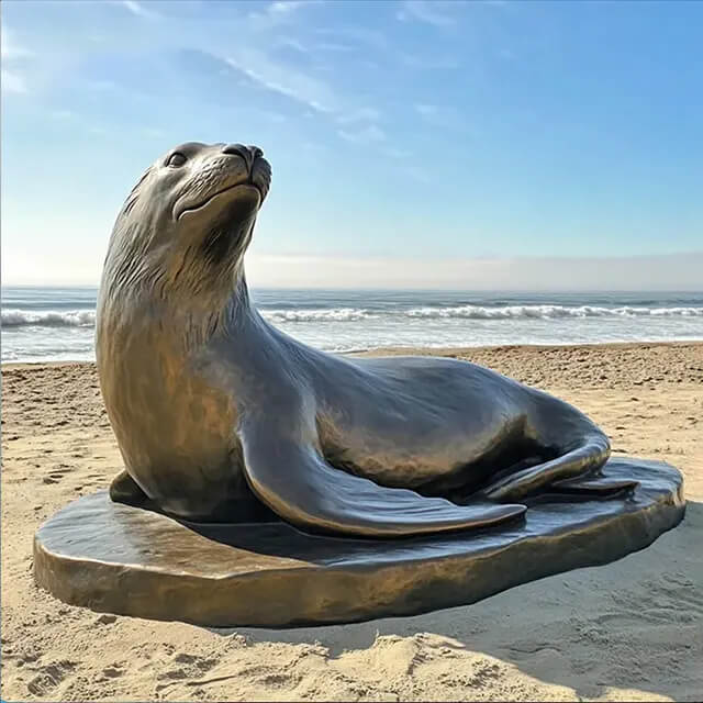 Bronze Sea Lion with its head turned slightly, gazing to the side Statue
