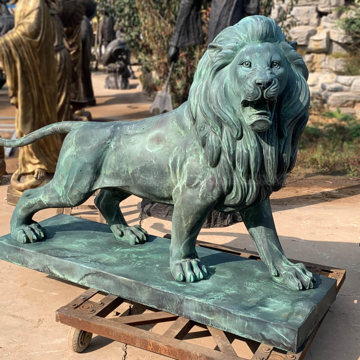 Front Yard Lion Statues standing with an open mouth