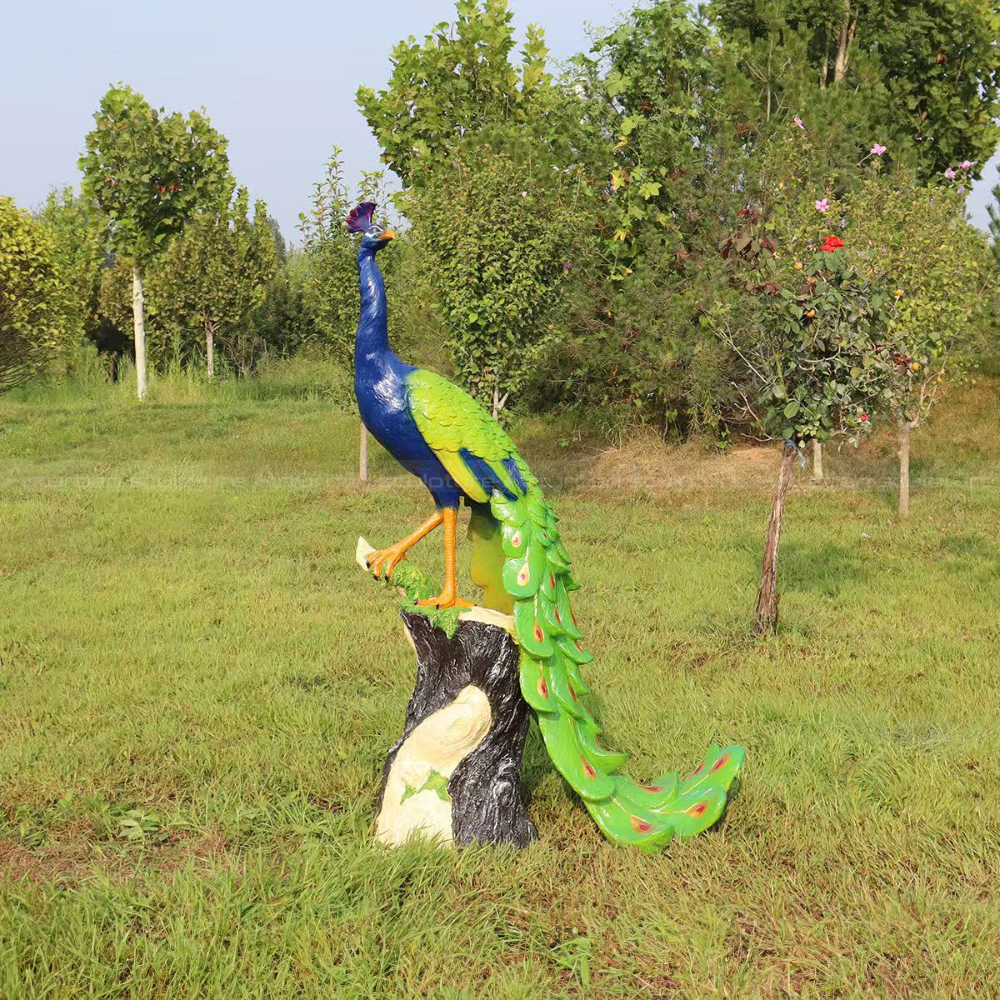 Life Size Peacock Statue standing on stump