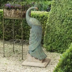 Statue de Décoration Paon représentant le paon regardant vers l'arrière avec une queue gracieusement incurvée