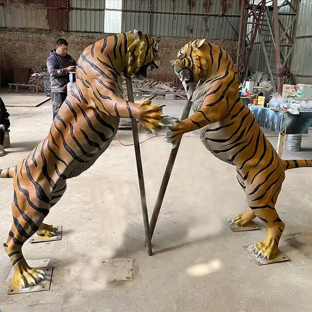 Resin Tiger Statue for Sale showing two Two Bengal tigers in a dynamic face-off pose