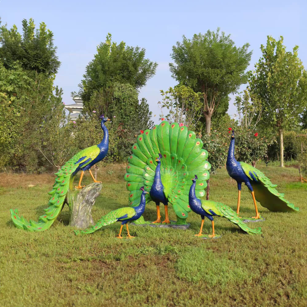 a group of Life Size fiberglass Peacock garden Statue