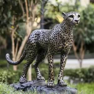 Cheetahs are mainly distributed in parts of Africa and Asia, living in open grasslands, semi-deserts and tropical grasslands. Cheetahs can reach speeds of more than 100 kilometers per hour in a short period of time. Their hunting method relies on speed. Cheetahs quickly pounce on their prey through short-term high-speed pursuit. Unlike other cats, cheetahs do not rely on strength, but use speed and endurance to accurately pursue, and are typical solo hunters. This group of cheetah sculptures shows two cheetahs in different postures, vividly reproducing the elegance and strength of the cheetah. The cheetahs in both sculptures show a focused and alert look, with their heads upright and their eyes sharp, staring forward. The cheetah in the first sculpture is standing on a rock, showing the cheetah's slender body, strong limbs and steady posture. The second sculpture shows the cheetah's natural and smooth posture when walking, with strong limbs and a slightly forward body, showing its focus and speed when hunting. The sculptures carefully depict the details of the black spots and golden fur on the cheetah's body.