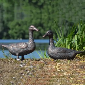 Zwei bronzene Wildentenskulpturen, die am Boden nahe Wasser stehen