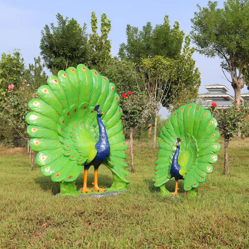 two Indian Blue Peacock Statue with fully fanned tails