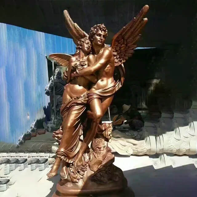 Bronze Cupid and Psyche Statue revealing Cupid's outstretched wings and Psyche's flowing gown