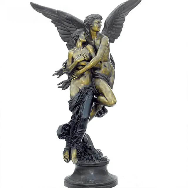 Bronze Cupid and Psyche Statue showing Cupid lifting Psyche in an intimate embrace