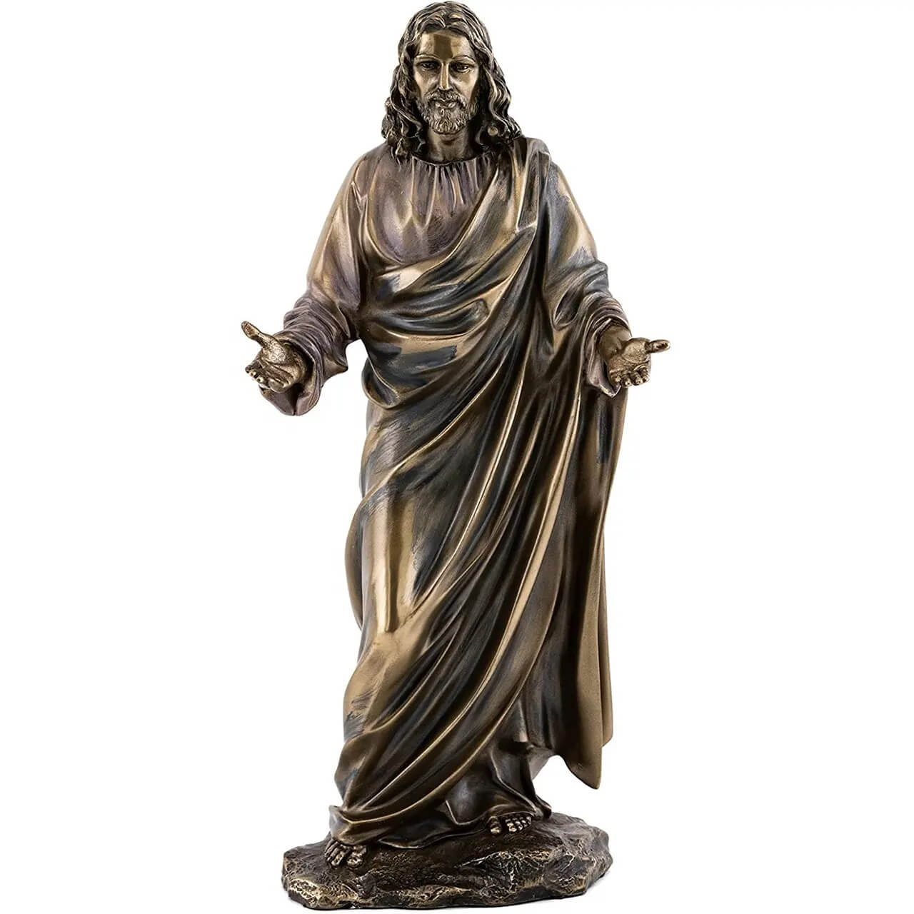 Bronze-Statue von Jesus mit offenen Armen, in fließenden Gewändern gehüllt und in friedlicher Haltung stehend