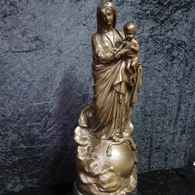 bronze Madonna and Child Sculpture standing on a globe with a serpent