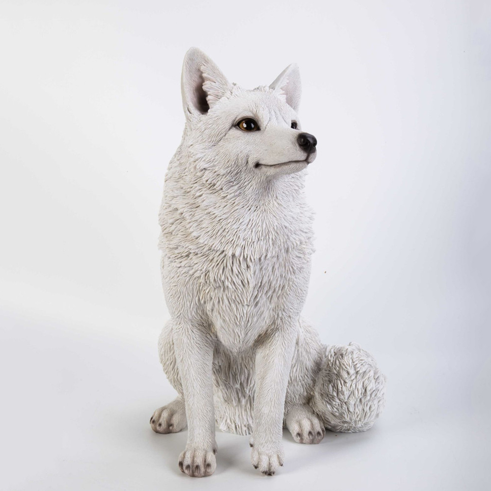 Statue de renard arctique en fibre de verre, queue enroulée