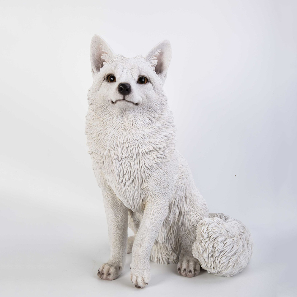 Statue de renard arctique en fibre de verre, queue enroulée