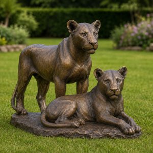 Bronzestatue von Löwinnen auf dem Gartenrasen2