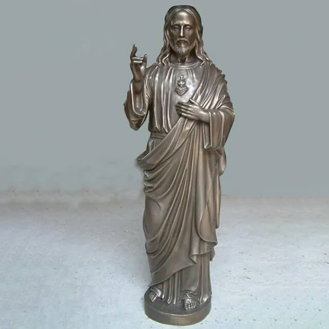 Church Bronze Sacred Heart of Jesus Statue with raised blessing hand and exposed sacred heart