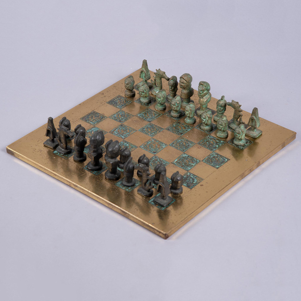 Vintage Bronze Schachbrett Griechisches Set