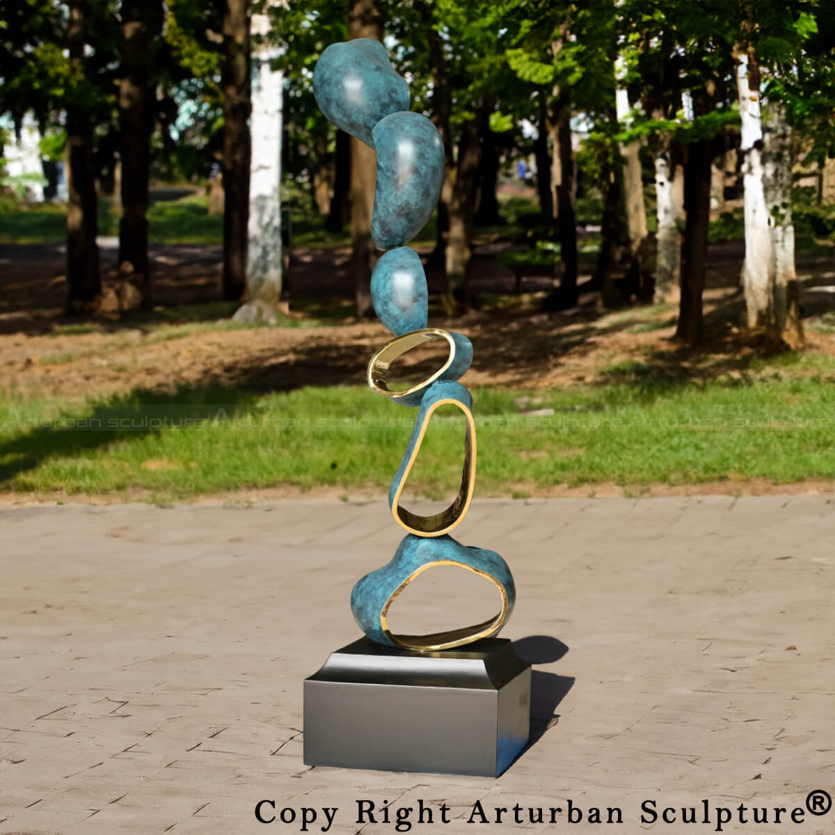 Sculpture d'art moderne abstraite en acier inoxydable avec finition bleu-vert et intérieur miroir doré
