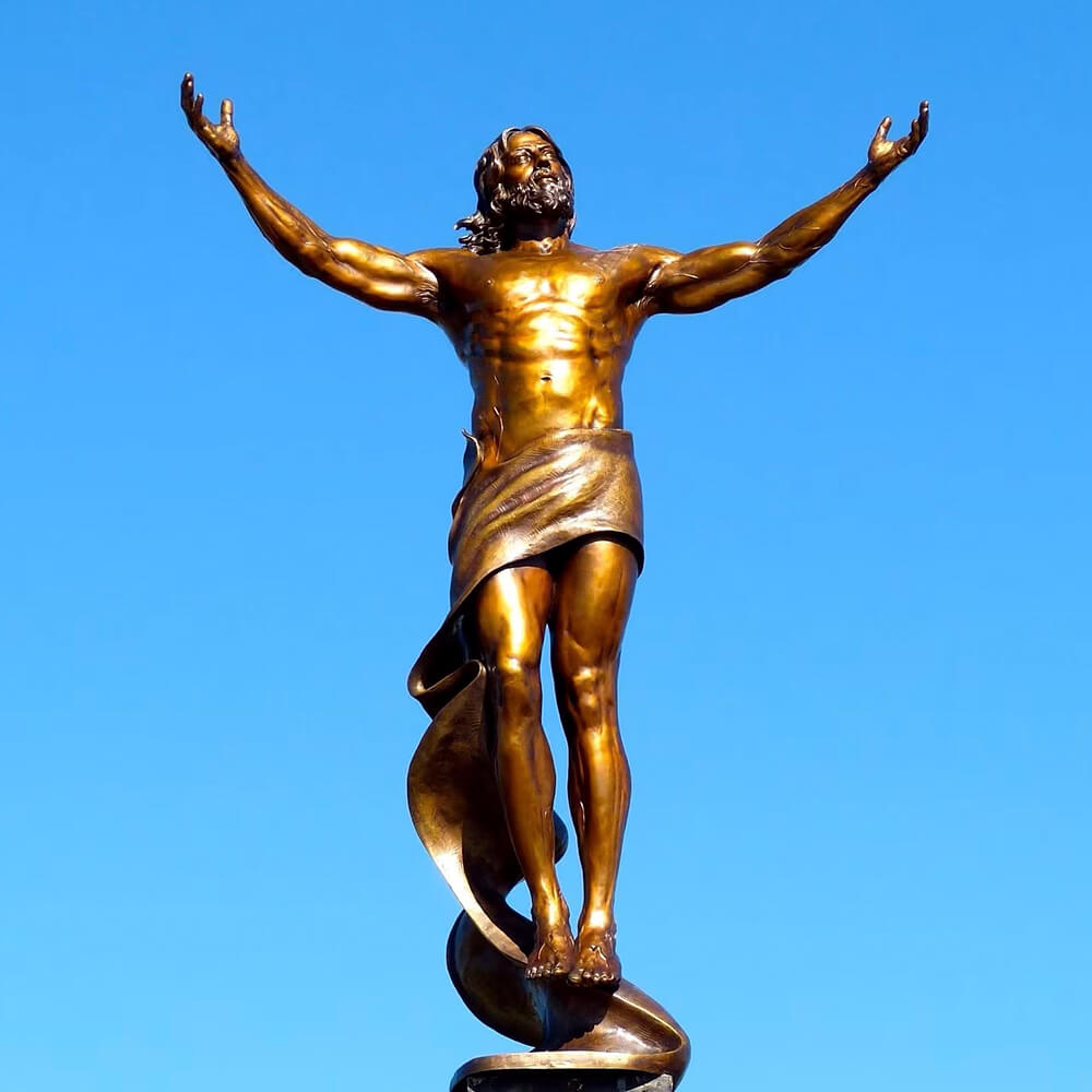 Escultura da Ressurreição de Jesus em bronze com postura de ascensão dinâmica
