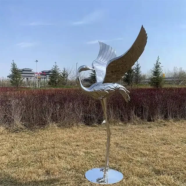 Polished stainless steel Metal Crane Garden Sculpture
