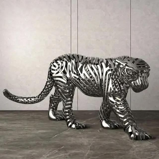 stainless steel metal panther sculpture with mirror finish and geometric hollow body