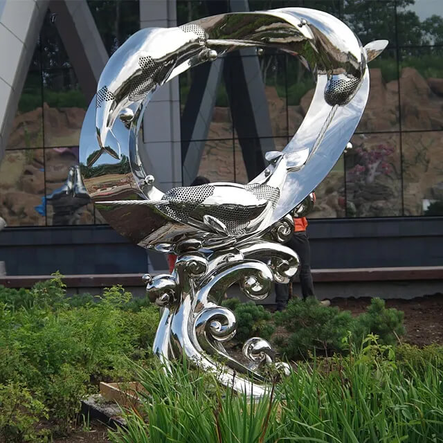 Modern Dolphin Outdoor Statue in polished stainless steel
