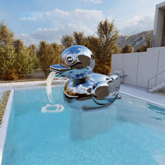 Modern Duck Garden Fountain made of polished stainless steel