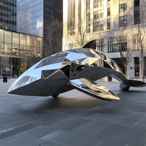 Escultura de Peixe em Aço Inoxidável com design geométrico que lembra um tubarão