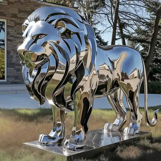 Stainless Steel Lion Sculpture in realistic flowing mane design