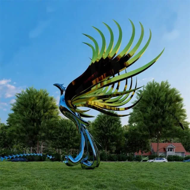 Stainless steel Phoenix Rising Statue featuring layered feathers