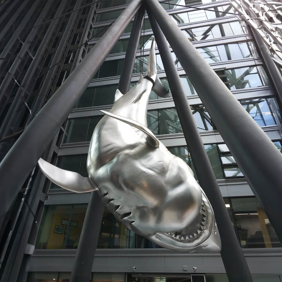 Stainless steel metal hanging shark sculpture