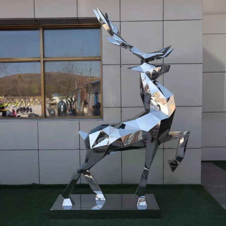 A Modern Deer Sculpture made of stainless steel with geometric faceted design