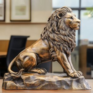 Antique Bronze Lion Statue with detailed mane and majestic seated posture.